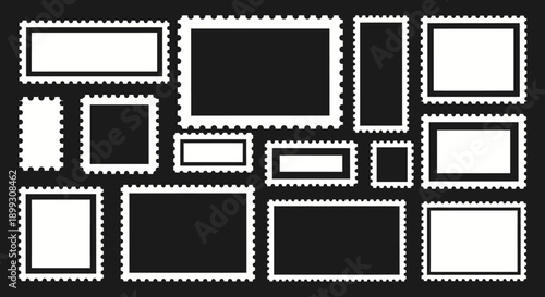 A collection of various blank postage stamps of different sizes and orientations against a dark textured background.