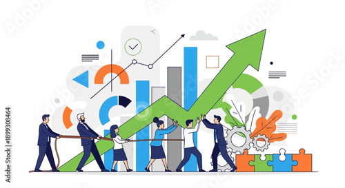 Teamwork and collaboration driving business growth and success with upward trending charts and graphs.