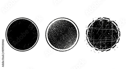 Three circular stamps with varying degrees of grunge and texture, isolated on a white background.