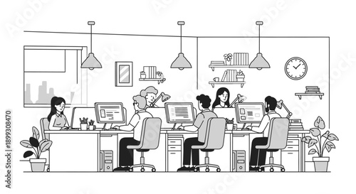 A diverse group of people working together in a modern, open-plan office environment, with computers and plants.