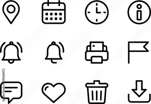 Set of 12 vector line icons for various applications and user interfaces