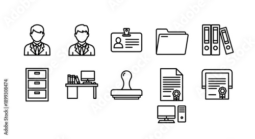 A collection of line art icons representing office supplies, documents, and personnel, suitable for business and administrative themes.