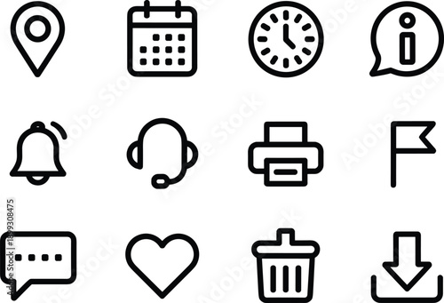 Set of 12 vector line icons for various applications and user interfaces