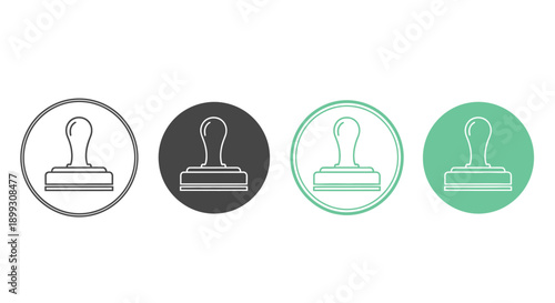 Four circular icons featuring a simple line drawing of a rubber stamp in different color schemes.
