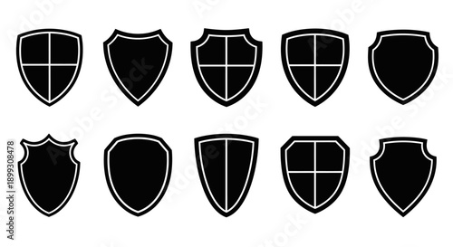 A collection of ten black shield icons with white outlines, displayed in two rows of five.