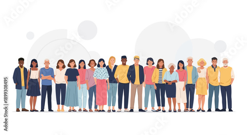 A diverse group of men and women of various ages and ethnicities standing together in a line, depicted in a flat illustration style.
