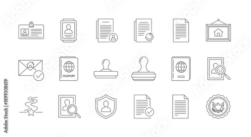 Collection of outline icons representing official documents, identification, and verification processes.