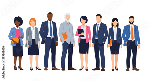 A diverse group of business professionals standing together, showcasing teamwork and collaboration in a corporate setting.