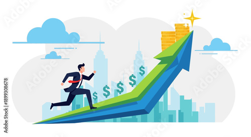 A businessman in a suit runs up a large green arrow graph symbolizing financial growth and success, with coins and a star at the peak.