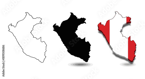 Outline, Silhouette, and Flag of Peru Map.
