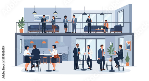 Modern two-story office space with people networking and collaborating on both levels.