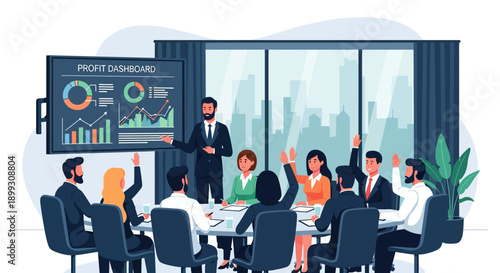 A business meeting in progress with a presenter showing a profit dashboard to an engaged audience.