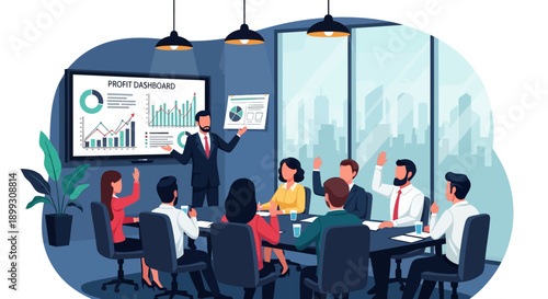 A business presentation in a modern conference room with a speaker pointing at a profit dashboard on a large screen.
