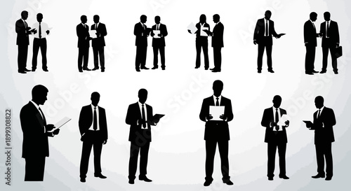 Silhouettes of business people in various poses, some interacting and others standing alone with documents.