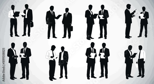 Silhouettes of business people in suits discussing documents and interacting in various professional settings.