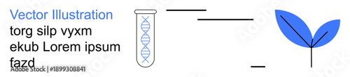 Biotechnology, genetic engineering, medical research, agriculture, sustainability, innovation. DNA helix in a test tube next to a plant icon. Biotechnology and genetic engineering concept