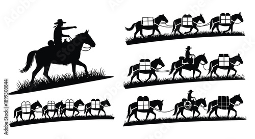 A black silhouette of a cowboy leading a pack of horses and mules repeated in a pattern on transparent background