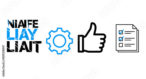 Four icons representing different concepts: text, settings, approval, and a checklist.