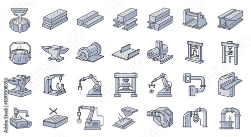 Collection of isometric icons representing various industrial processes, machinery, and raw materials used in manufacturing and heavy industry.