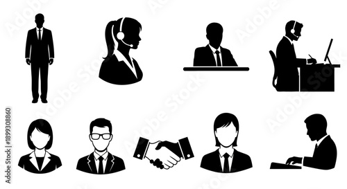 Collection of black and white silhouette icons representing various business and professional activities and people.