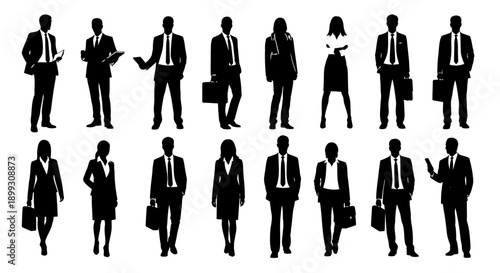 A collection of black silhouettes of business people in various poses, representing a diverse professional workforce.