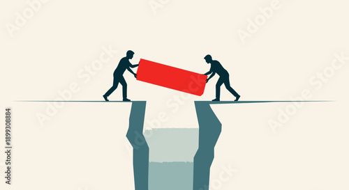 Two silhouetted figures work together to place a red block, forming a bridge over a chasm.