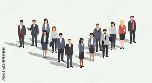 A diverse group of professionals in business attire are arranged in a V-shape formation on a white background.