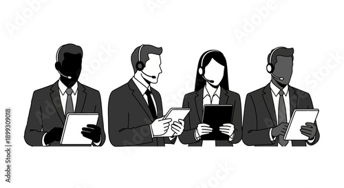 A diverse group of four call center agents wearing headsets and holding tablets, depicted in a minimalist black and white illustration.