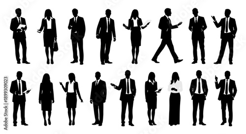 A collection of diverse business professionals depicted in silhouette, standing and interacting in a professional setting.