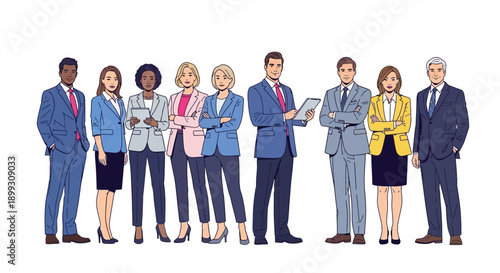 A diverse group of business professionals standing together, showcasing teamwork and unity in a corporate setting.