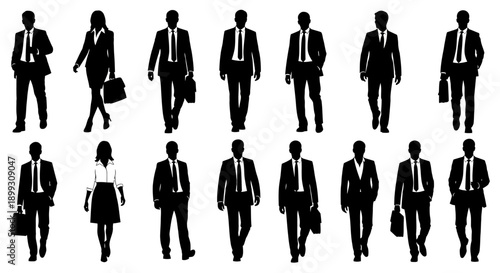 A collection of silhouette figures of men and women in business attire walking.
