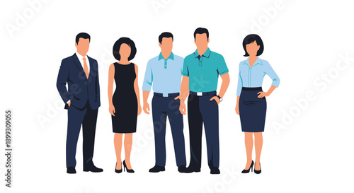 A diverse group of five professionals, including men and women, dressed in business casual attire, standing together against a white background.