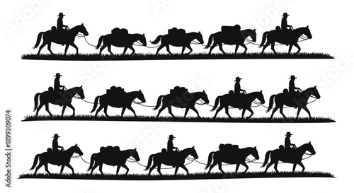 A row of three lines showcasing cowboys on horseback each with pack animals on transparent background silhouette high quality professional detailed