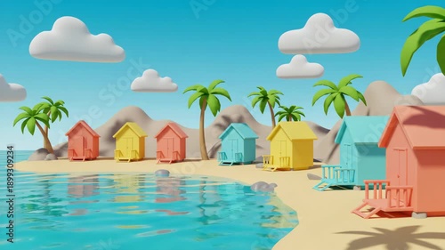 Pastel Beach Huts on a Sandy Shoreline with Azure Sea Waters Under a Cloudy Sky on a Bright Day Ideal for a Relaxing Vacation Escape and Serene Getaway