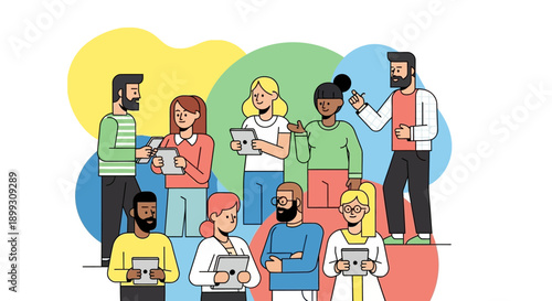 A diverse group of people of various ages and ethnicities are gathered together, each holding a tablet device and appearing engaged in discussion or work.