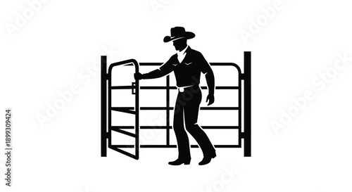 A cowboy stands by a rustic gate leaning against it in a classic western scene on transparent background silhouette high quality