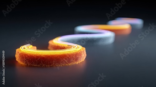 Abstract neon light trails winding through dark space creating an artistic display of color and motion for modern design concepts and technology presentations