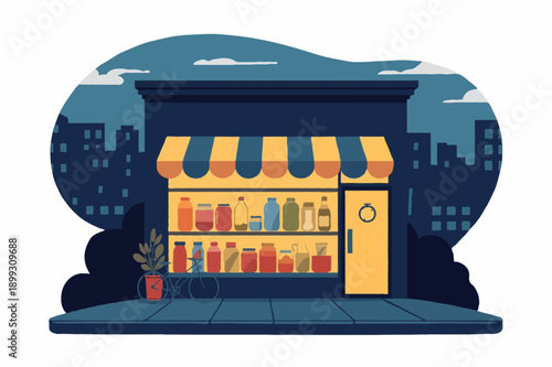 Zero Waste Grocery Storefront Night Glow Vector Illustration