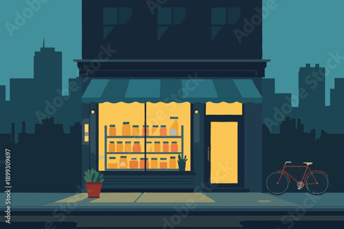 Zero Waste Grocery Storefront Night Glow Vector Illustration