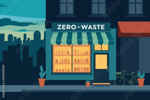 Zero Waste Grocery Storefront Night Glow Vector Illustration