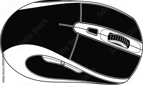 Detailed line drawing of ergonomic computer mouse with scroll wheel, buttons, and contoured design for gaming or professional tech use.