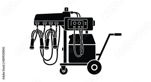A black silhouette of a professional welding machine with hoses and a handle on transparent background high quality detailed modern elegant