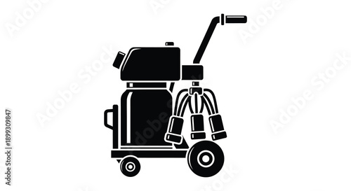 A black silhouette of a floor cleaning machine with a handle and wheels on transparent background high quality professional detailed modern