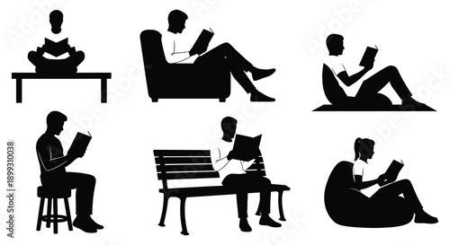 A collection of six black silhouettes depicting people reading in various relaxed settings on transparent background high quality professional detailed modern