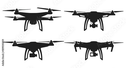 Four black drone silhouettes displayed from various angles ideal for design projects on transparent background silhouette high quality professional detailed modern