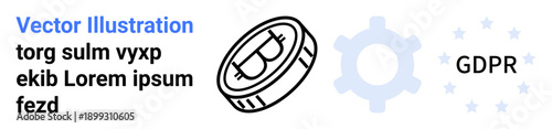 Data privacy, information security, GDPR compliance, cryptocurrency laws, technology regulations, blockchain. Bitcoin symbol, gear GDPR text with stars. Data privacy and GDPR compliance concept