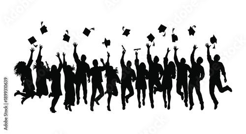 A jubilant group of graduating students throwing their caps in the air depicted as a striking silhouette on transparent background