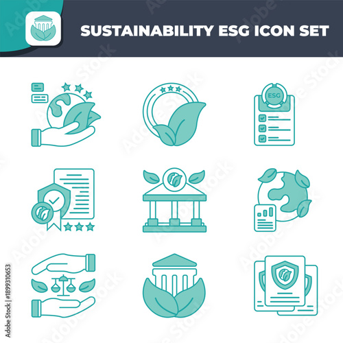 sustainability and ESG icon colletction set Semi Flat environmental protection, social responsibility, and corporate governance principles.