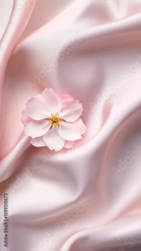 Elegant bloom on silk fabric: delicate petals graceful movement closeup in soft lighting
