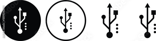 Four USB symbol variations in black and white showing universal connectivity icon styles for technology, electronics, and digital device design.